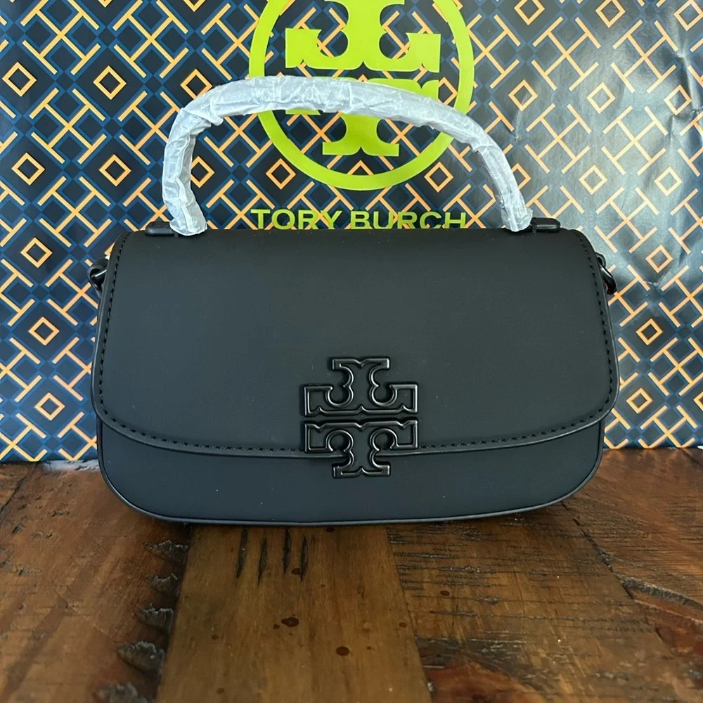 Tory Burch Britten Matte Mini Top Handle Crossbody Bag Black Silver - Picture 2 of 15